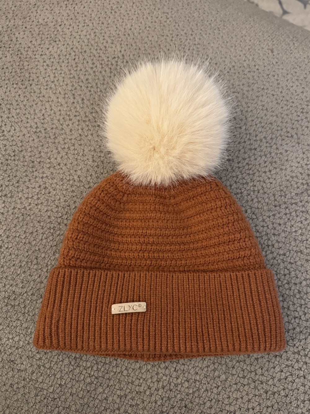 Kids Knit Beanie Hat with Cream Pom in Brown
